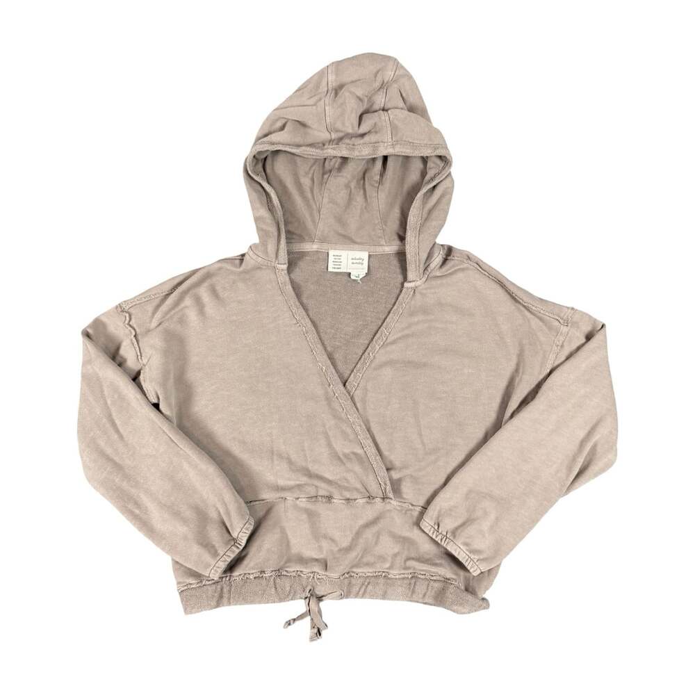 Saturday/Sunday Women’s Taupe Knit Pullover Hoodie V-Neck Drawstring Size S
